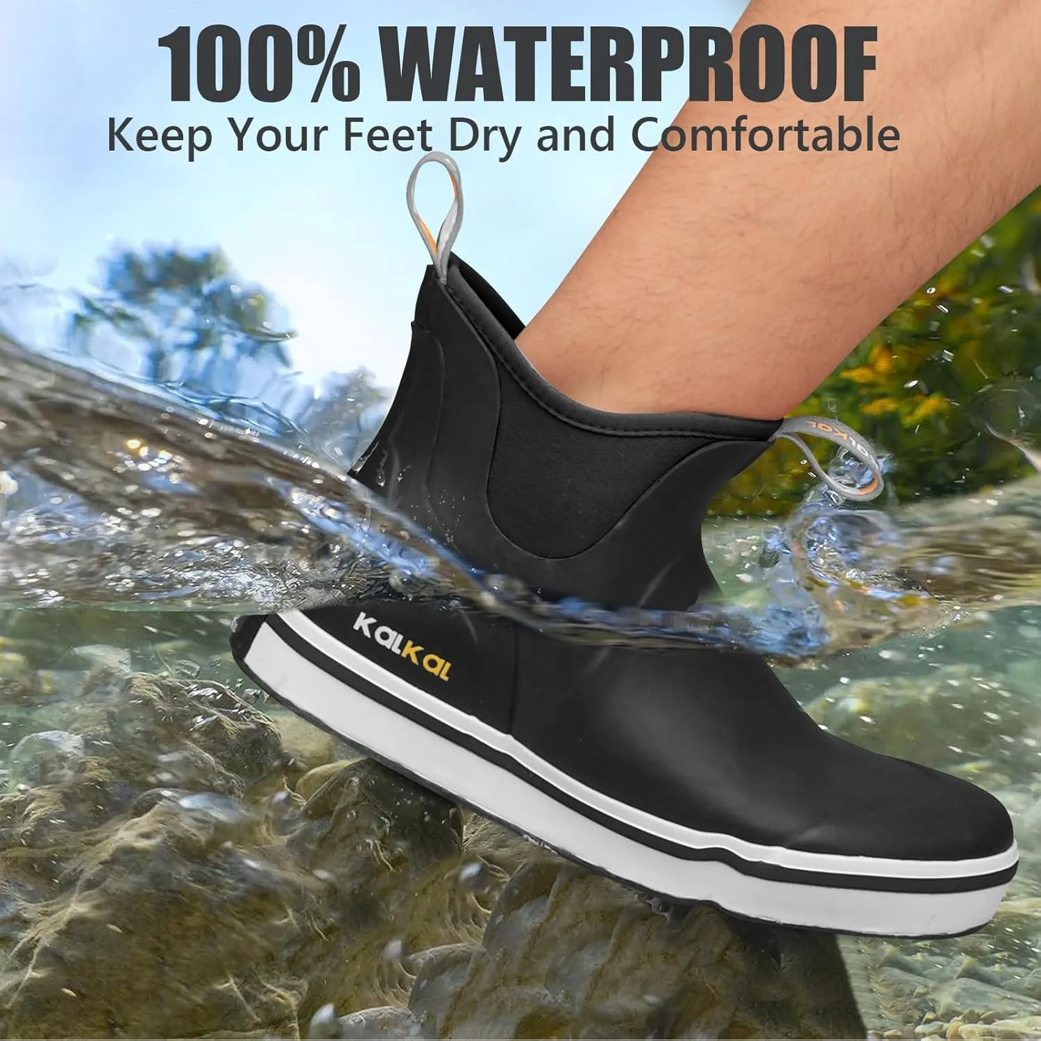 Kalkal Men's Deck Boots Anti-Slip Saltwater Fishing Rain Boots with Memory Foam, Waterproof Rubber Ankle Work Boots for Sailing (Size 7-14)