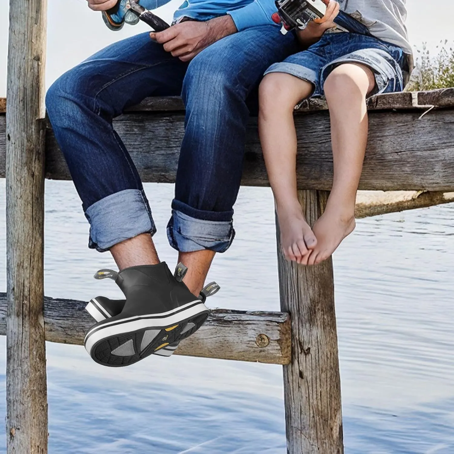 Kalkal Men's Deck Boots Anti-Slip Saltwater Fishing Rain Boots with Memory Foam, Waterproof Rubber Ankle Work Boots for Sailing (Size 7-14)