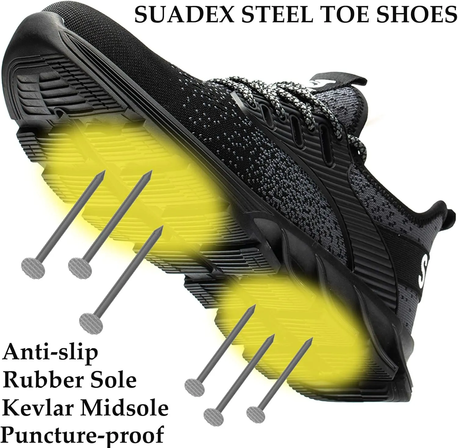 SUADEX Steel Toe Sneakers for Men Women Indestructible Work Safety Shoes Lightweight Comfortable Slip Resistant Composite Toe