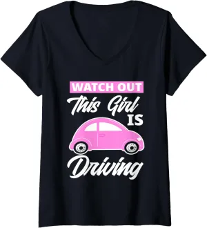 Womens Watch Out This Girl Is Driving Funny New Driver V-Neck T-Shirt